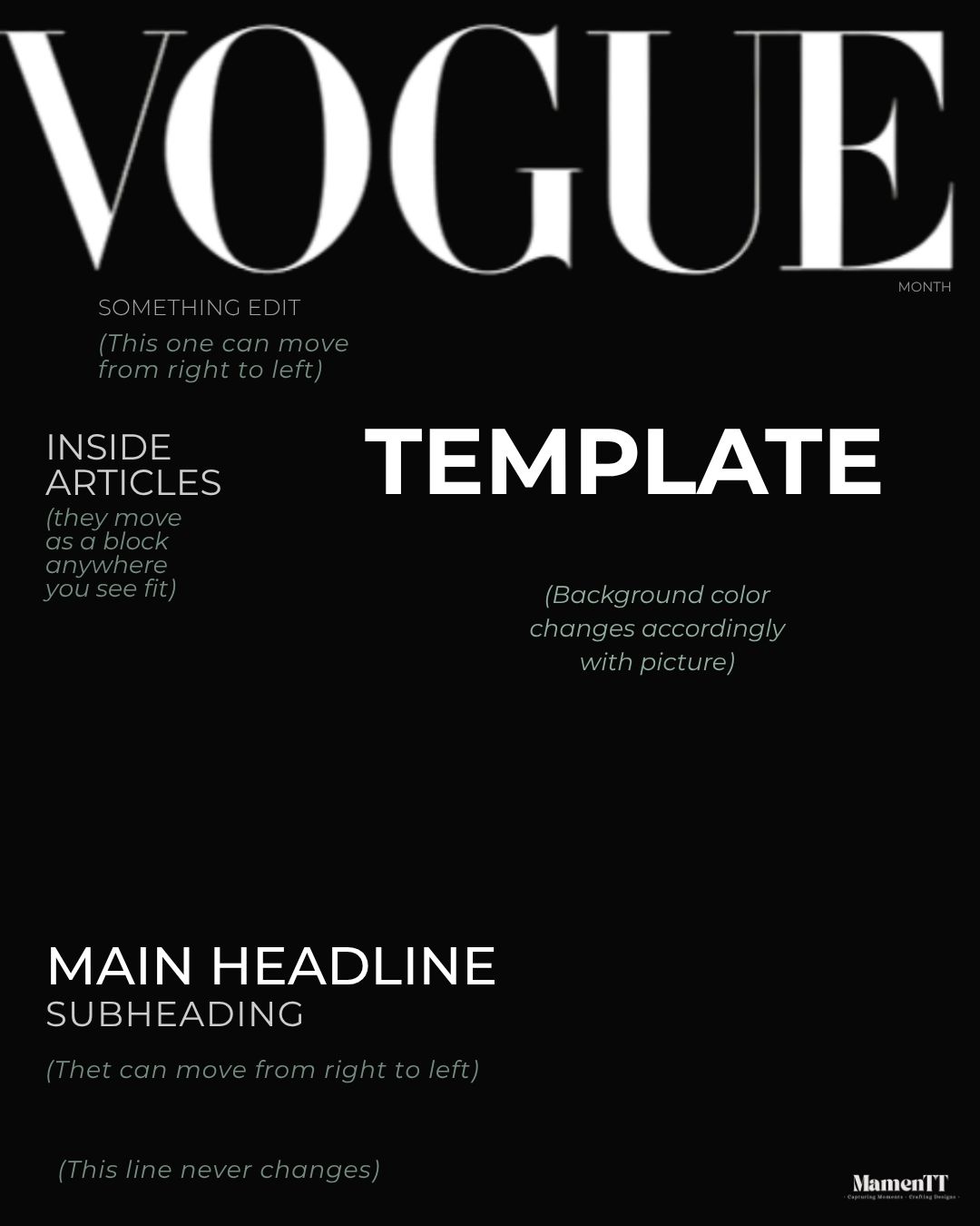 Editorial cover template, the underlying structure showing fixed and movable elements